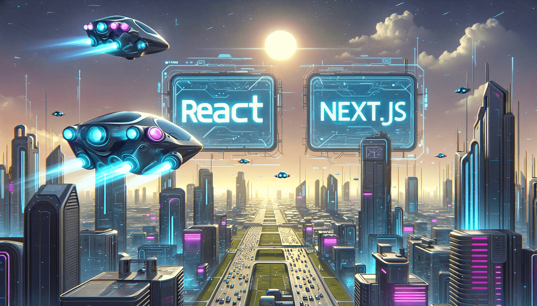 a futuristic city with two signs "react" and "next.js"